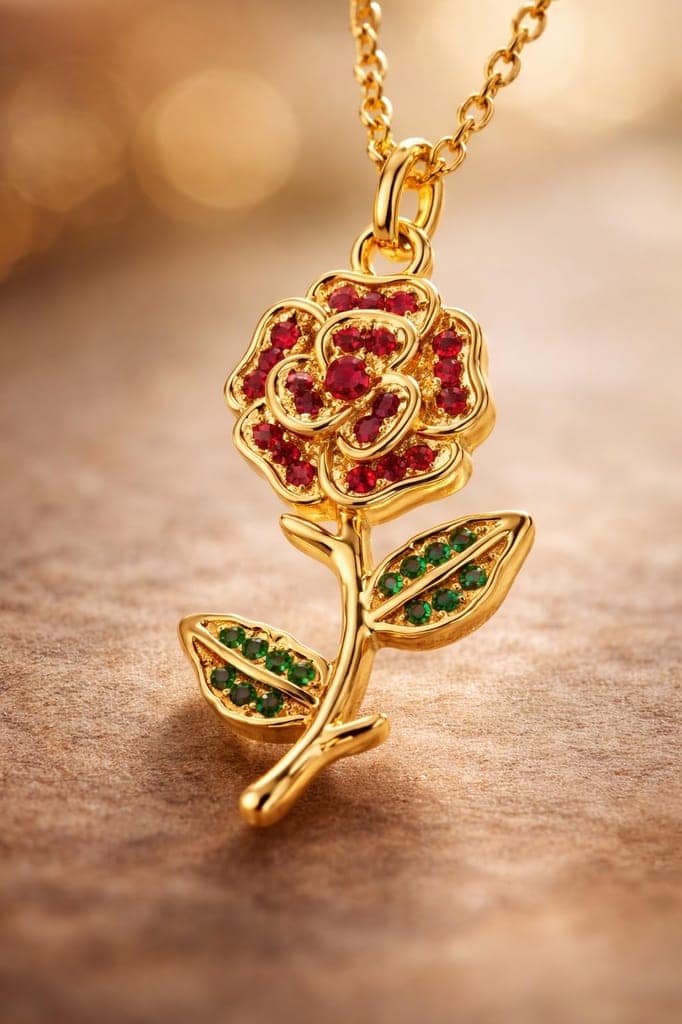 GemGleam - Gold-Tone Rose Pendant Necklace with Red and Green Crystal Embellishments, Anti-Tarnish Floral Chain Necklace view 4