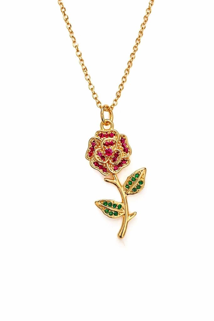 GemGleam - Gold-Tone Rose Pendant Necklace with Red and Green Crystal Embellishments, Anti-Tarnish Floral Chain Necklace view 5