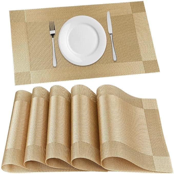 Placemats for Dining Table Set of 4, Washable PVC Placemats for Kitchen Table, Heat Resistant Non-Slip Place Mats for Kitchen, Dining, Home Decor (Gold, 17.7" x 11.8") view 2