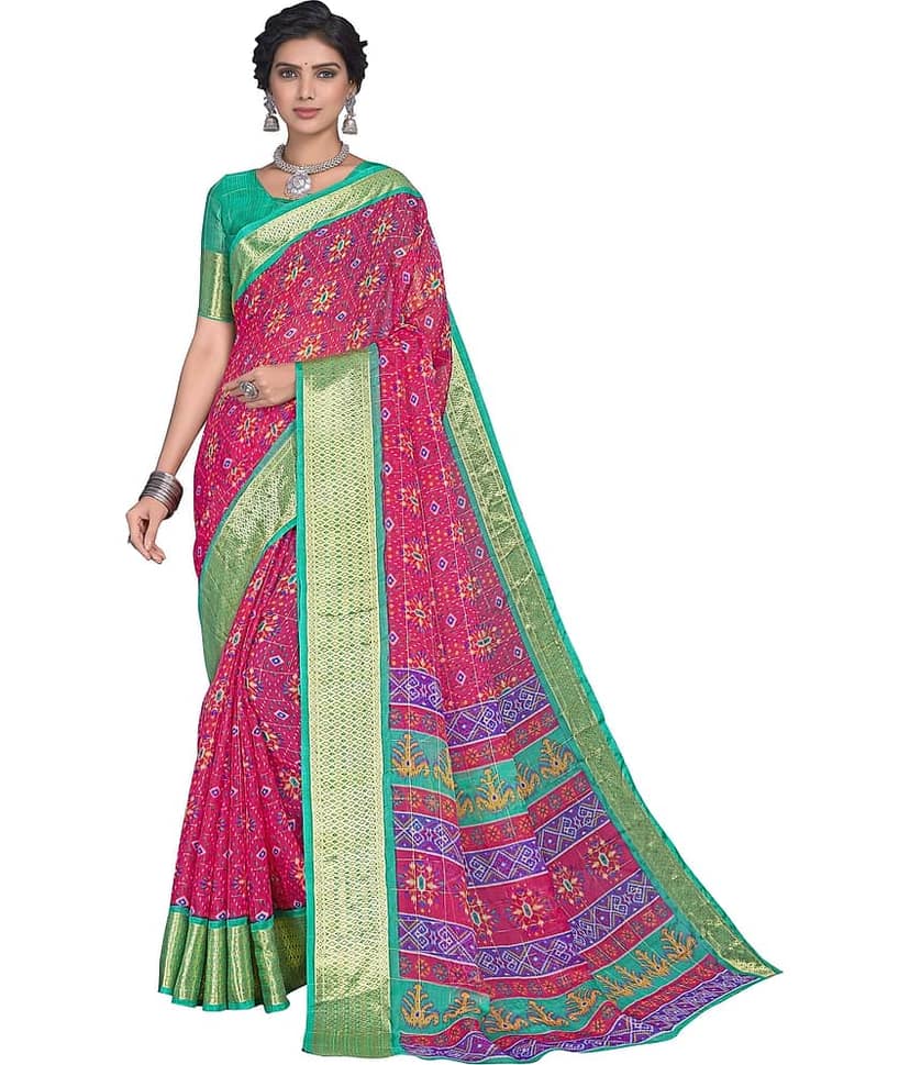 Sariya Organza Printed Saree With Unstitched Blouse Piece ( Navy Blue )