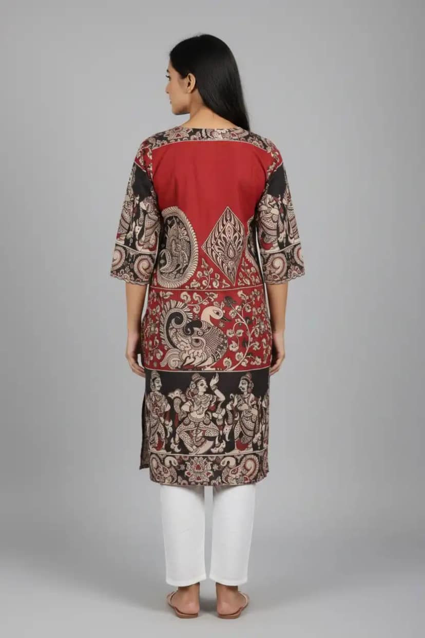 Pedana Kalamkari Screen-Print Kurti in Maroon and Black Cotton view 2