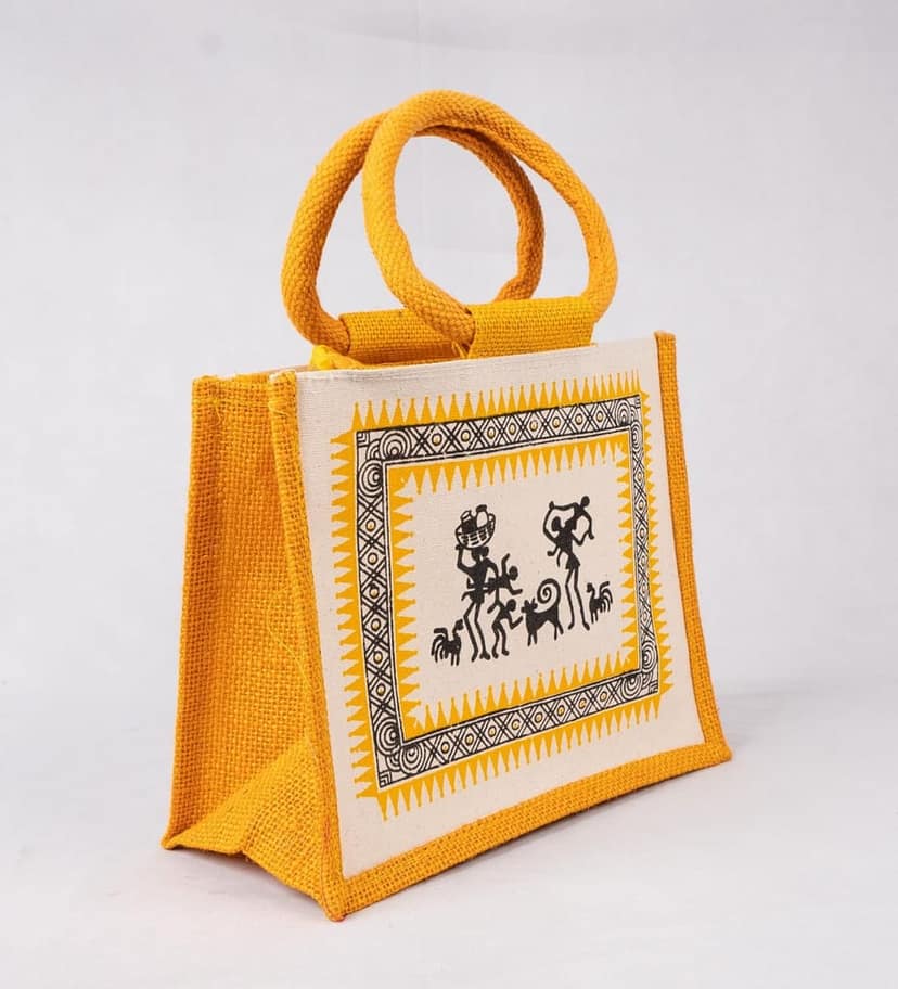 sonchiriya yellow printed jute hand held bag view 2