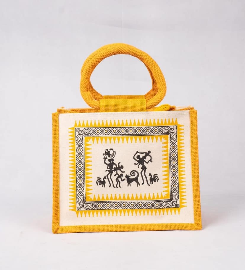 sonchiriya yellow printed jute hand held bag view 5