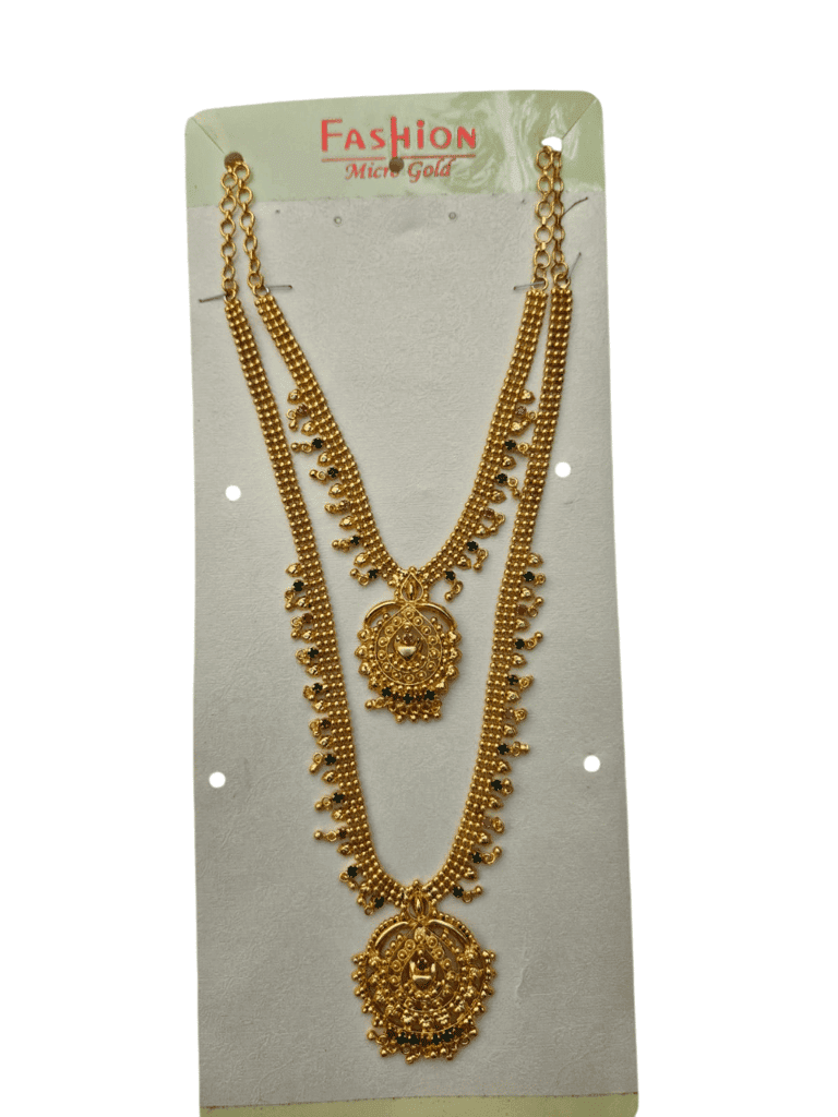Gold Plated Indian Traditional Temple Jewellery Haram and Jhumka Earrings Set with Maang Tikka for Women view 2