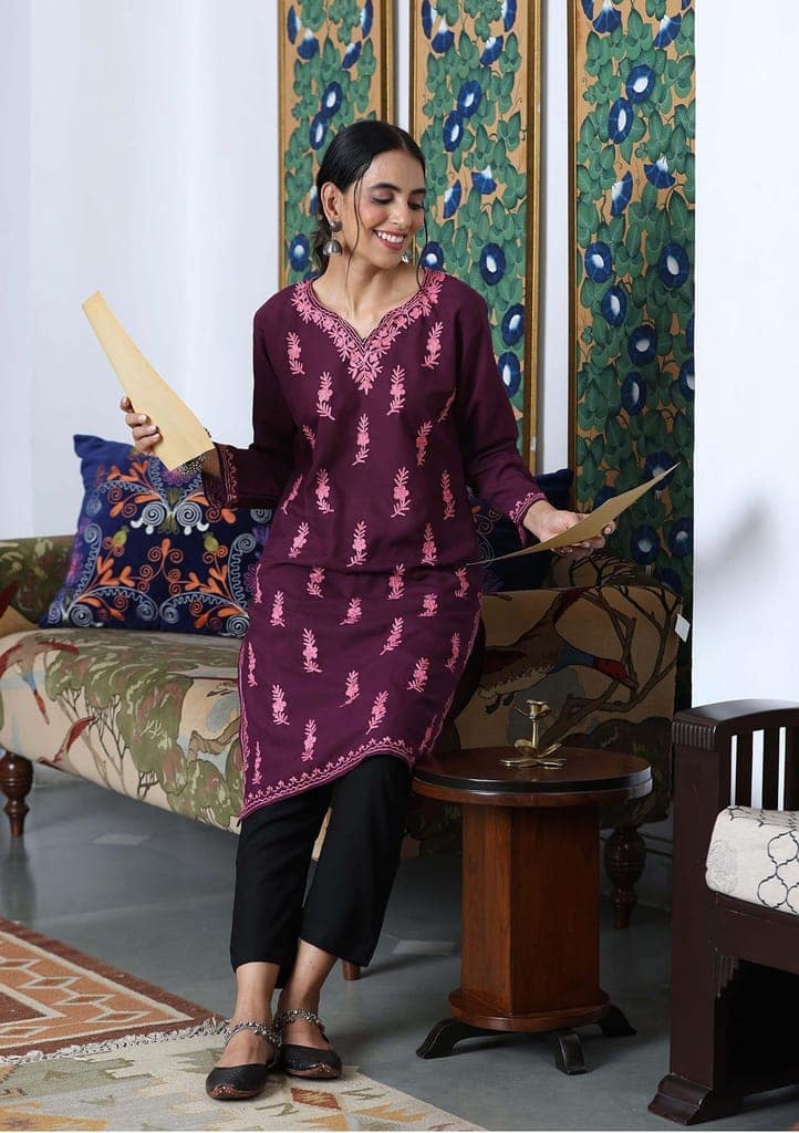 HOC Crafts Aari Embroidered Cotton Solid Women's Long Kurta - Dark Purple view 3