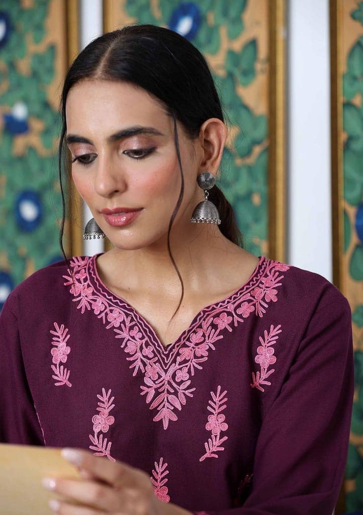 HOC Crafts Aari Embroidered Cotton Solid Women's Long Kurta - Dark Purple view 4