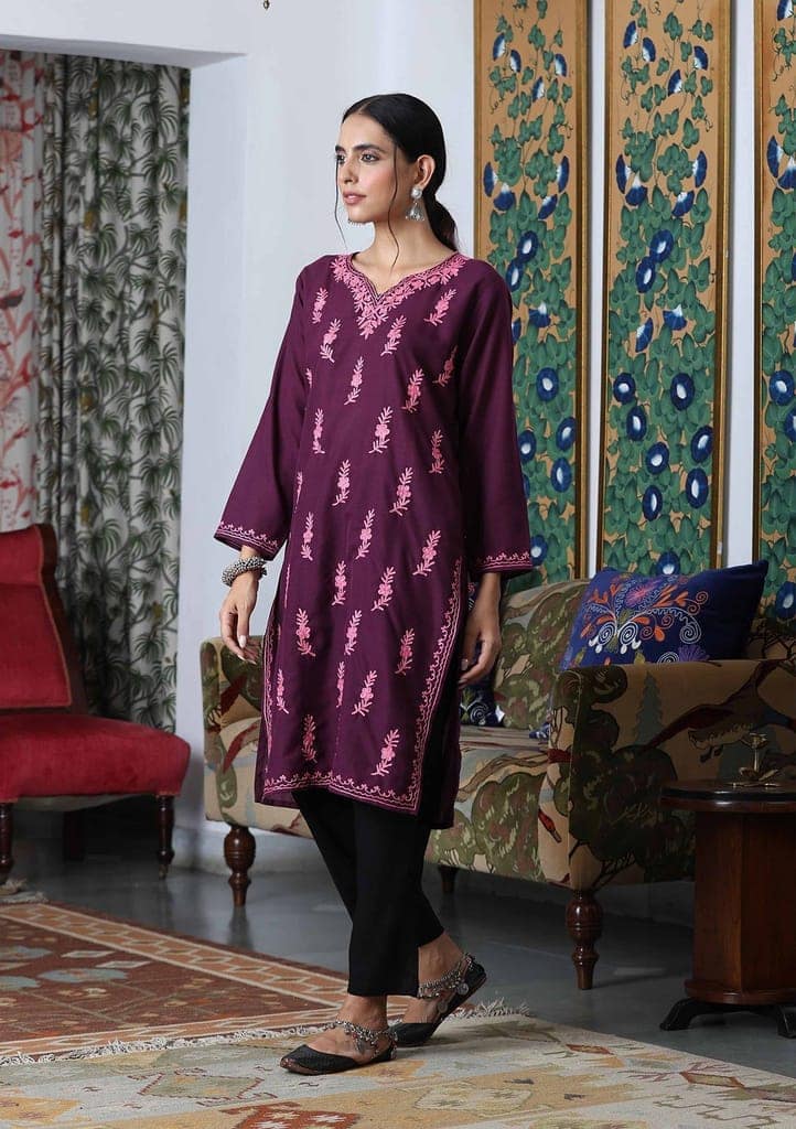 HOC Crafts Aari Embroidered Cotton Solid Women's Long Kurta - Dark Purple view 5