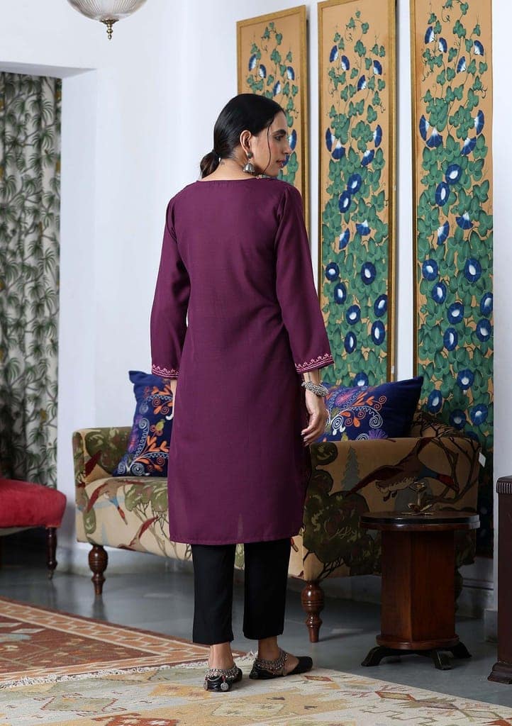 HOC Crafts Aari Embroidered Cotton Solid Women's Long Kurta - Dark Purple view 7