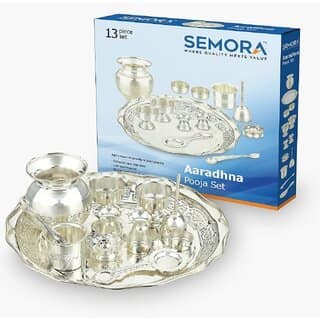 SEMORA Aaradhna Pooja 13 Piece Set Silver Plated for Pooja and Gifting