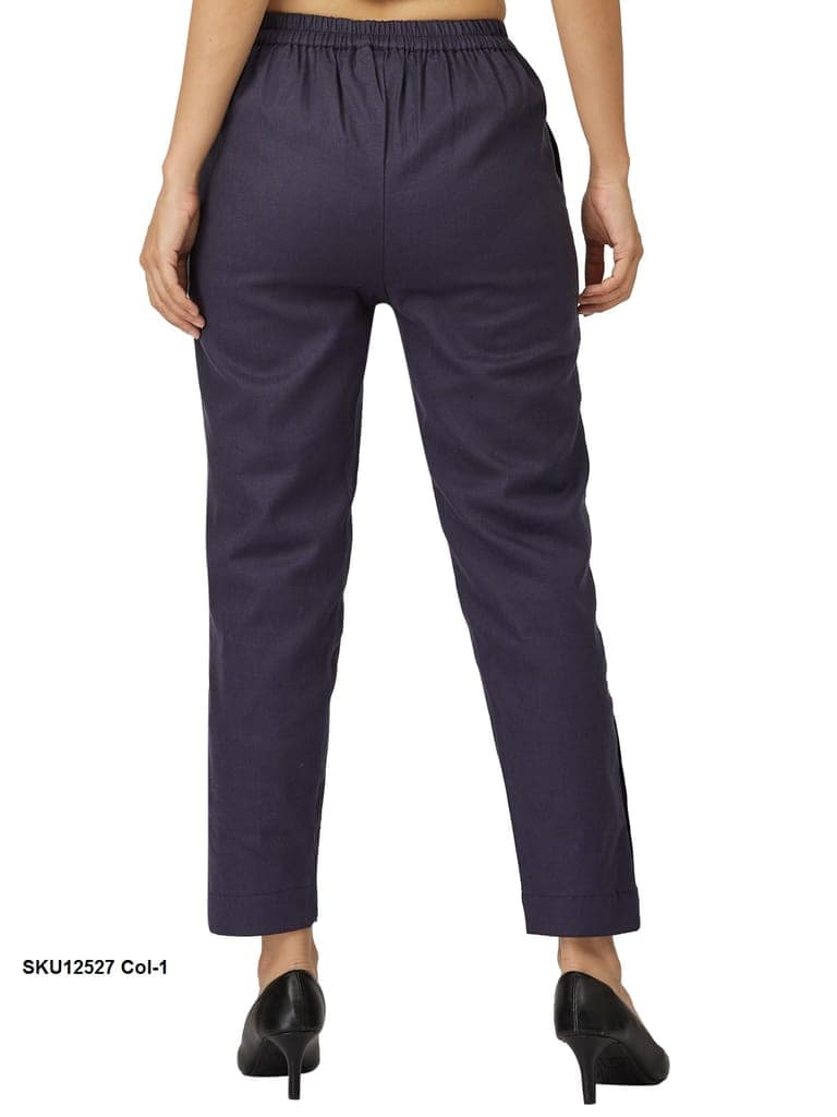 Stylish Blue Cotton Trousers for Women with Button Detail view 4