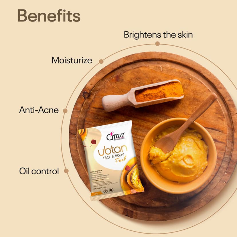 Qraa Ubtan Face Pack for Glow & Skin Brightening, Made with Turmeric, Chickpea & Rose Petal 50g - Pack of 3 view 3