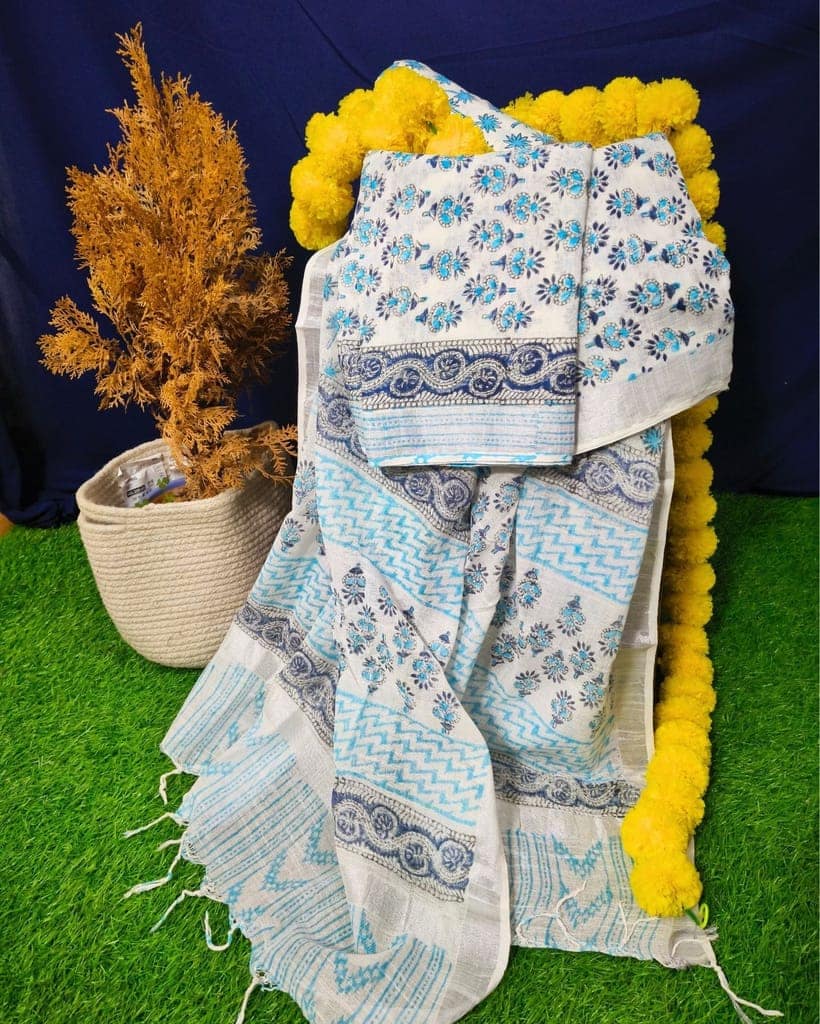 Linen Suit Set White Color with Cotton Bottom, Linen Top and Dupatta Handblock Printed-3602 view 2