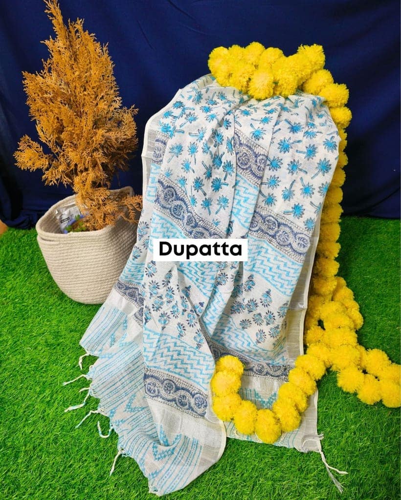 Linen Suit Set White Color with Cotton Bottom, Linen Top and Dupatta Handblock Printed-3602 view 3