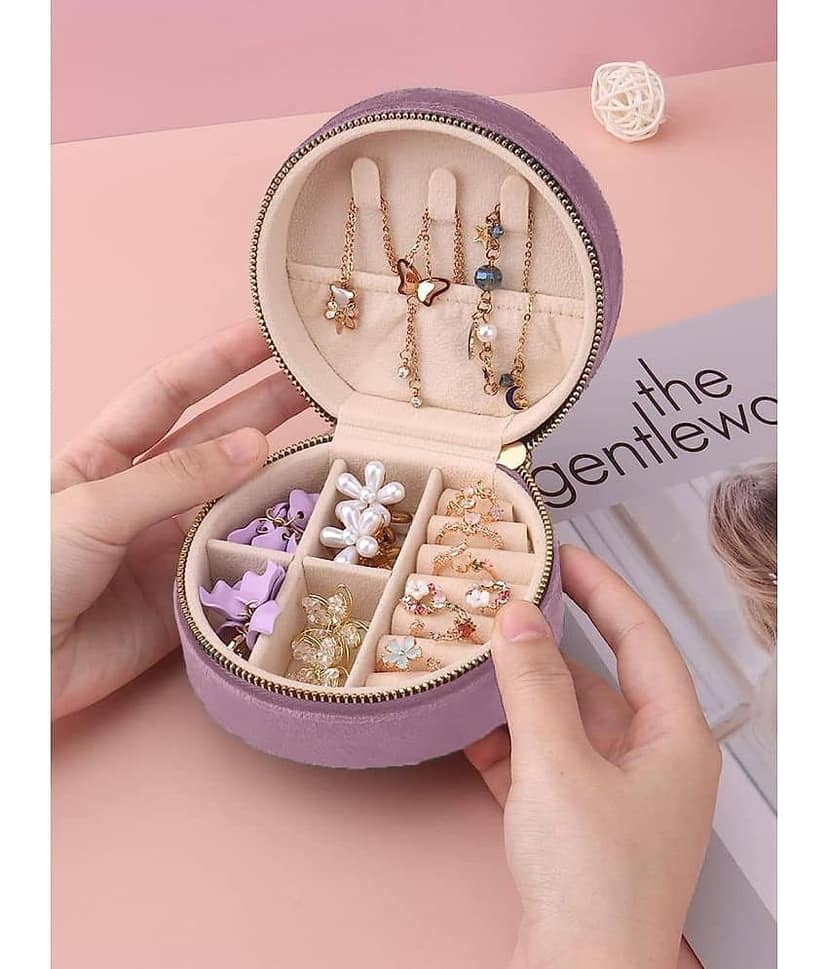 Jewellery Organiser PU Leather Zipper Portable Storage Box with Divider Container view 2