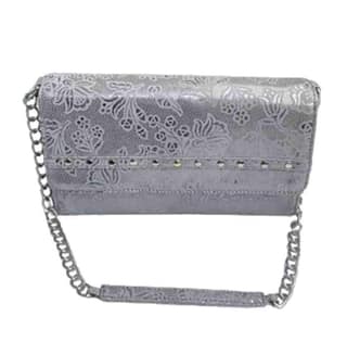 Women's Silver Metallic Floral Embossed Chain Strap Clutch Wallet