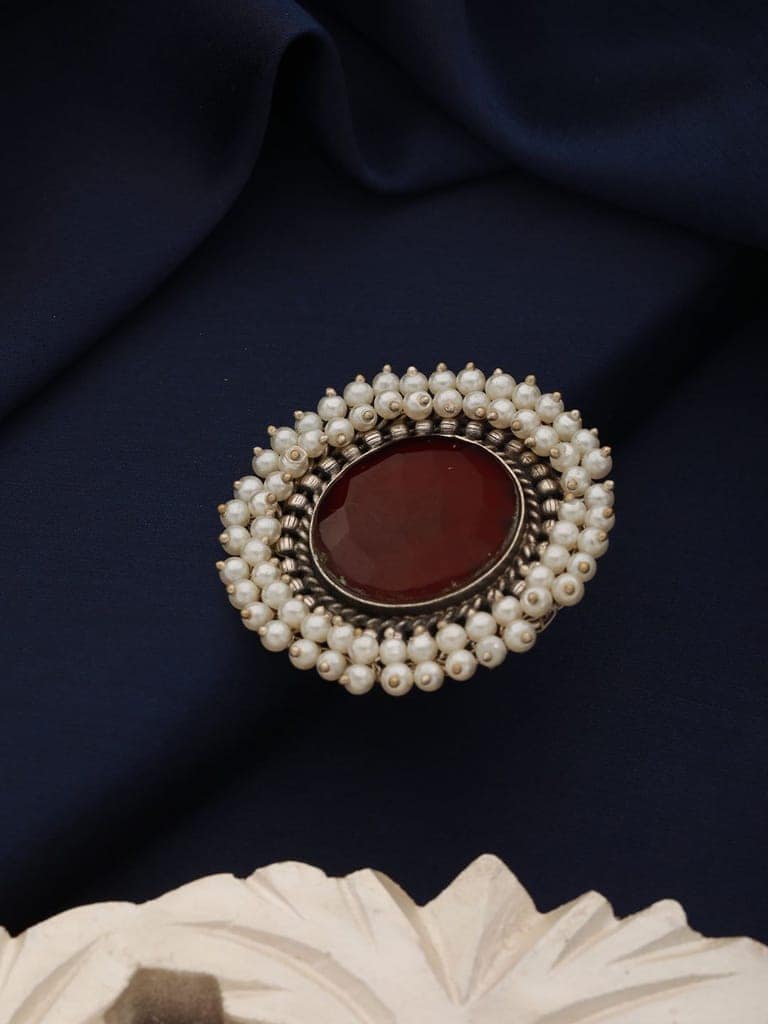 Silver Plated Oxidised Red Ruby Pearl Beaded Adjustable Finger Ring
