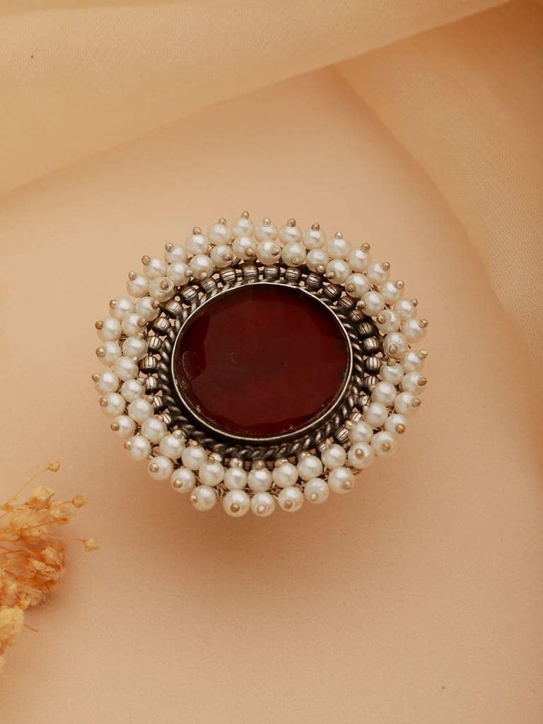 Silver Plated Oxidised Red Ruby Pearl Beaded Adjustable Finger Ring view 2