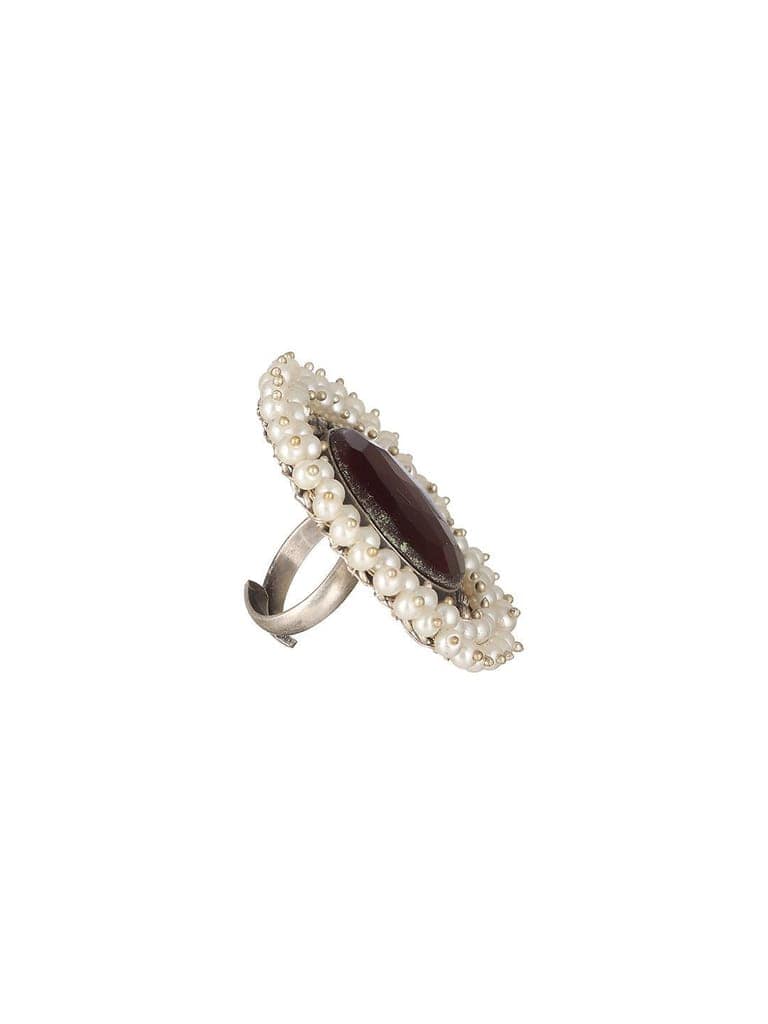 Silver Plated Oxidised Red Ruby Pearl Beaded Adjustable Finger Ring view 5