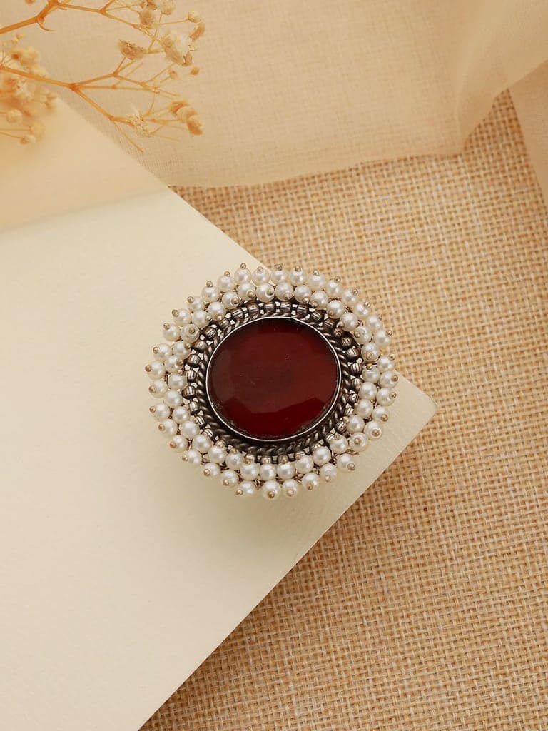 Silver Plated Oxidised Red Ruby Pearl Beaded Adjustable Finger Ring view 6