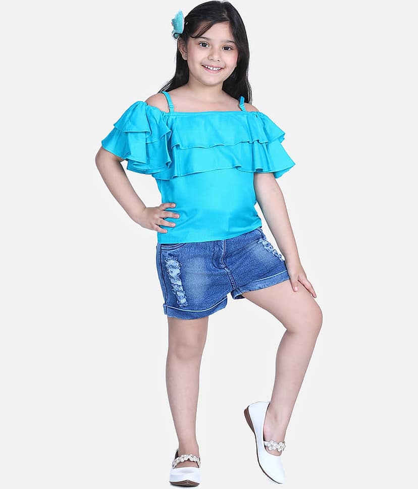 StyleStone Pack of 1 Girls Rayon Top With Shorts ( Blue )