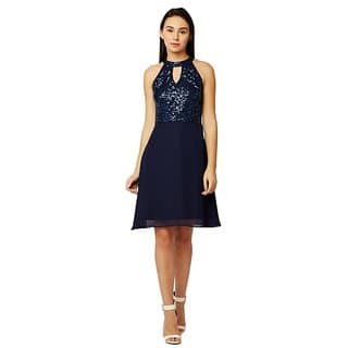 Women's Navy Blue Round Neck Sleeveless Solid Sequin Flowy Knee-Long Skater Dress view 2