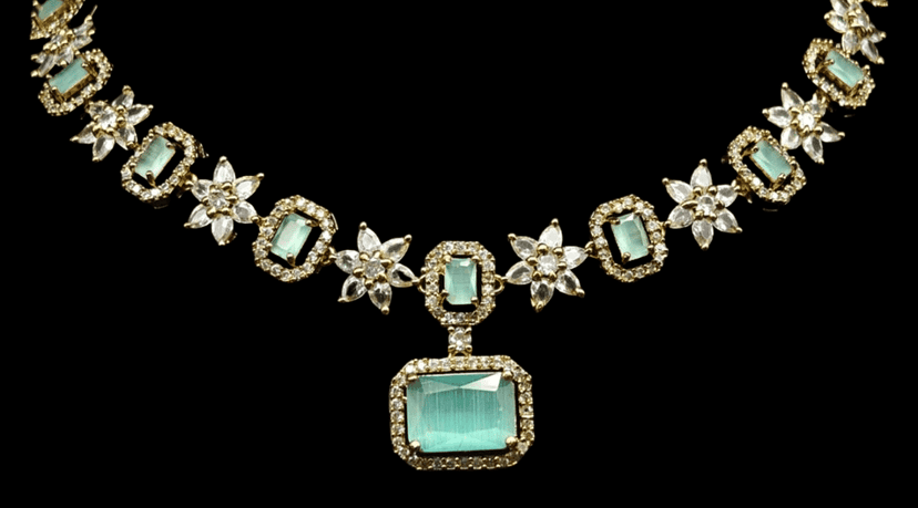"Stunning Green and White Cubic Zirconia Necklace and Earring Set in Gold Plated Metal" view 3