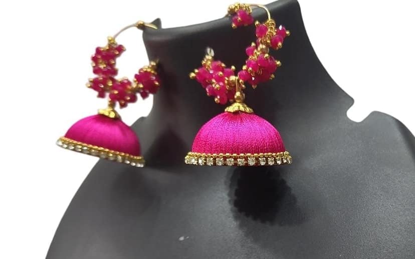Title: Handmade Silk Thread Jhumka Earrings with Ruby Stones and Gold Beads