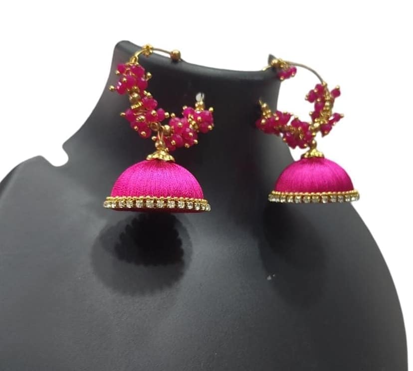 Title: Handmade Silk Thread Jhumka Earrings with Ruby Stones and Gold Beads view 2