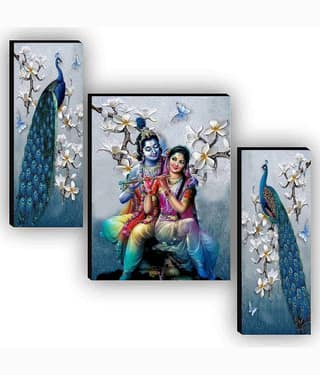 SNDArt Set Of 3 Radha Krishna MDF Wall Paintings For Living Room 12 x 18 inch