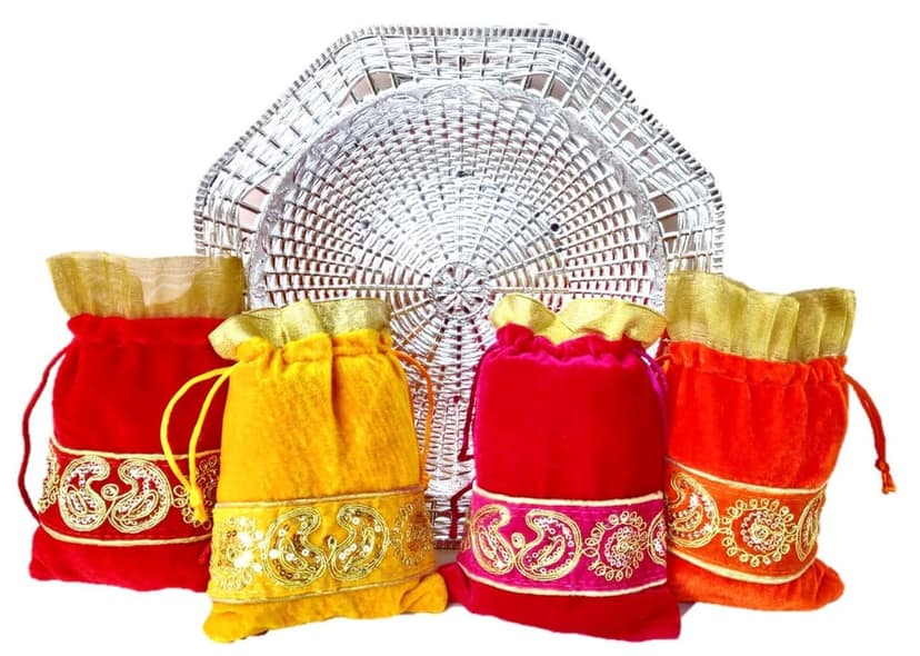 Omkar by R3 Inc. Silver Gift Basket / Bowl with Shagun Potli for Gifts Hampers | Fancy Hamper| Wedding Basket / Pouch for gift Packing (Pack of 5) view 2