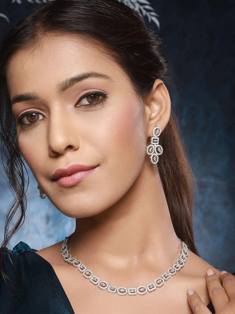 Rhodium Cubic Zircon Studded Contemporary Minimal Necklace Jewellery Set view 2