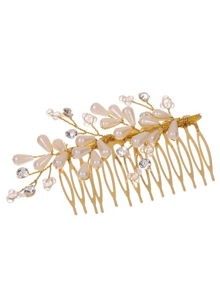 Gold Toned White Pearl Beaded Comb Pin for Girls & Women view 3
