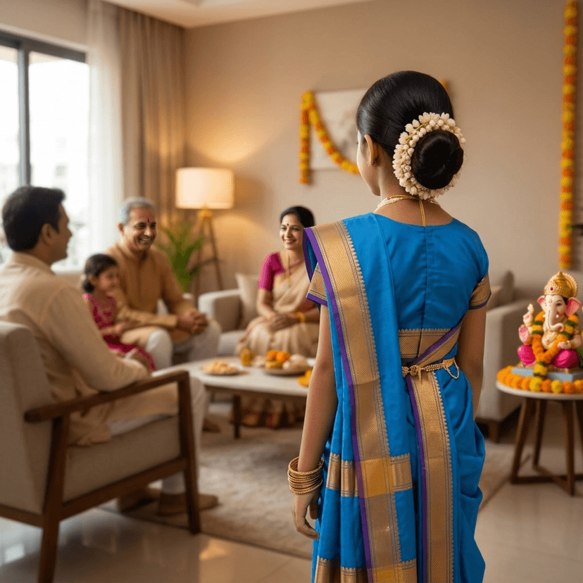 Mom and Me Peshwai Nauwari Saree for Kids (1–10 Years) Ready to Wear Maharashtrian Traditional Dress | Belgaon Silk with Cotton Lining | Stitched Blouse Included (Sky Blue, 15-16 Years) view 3