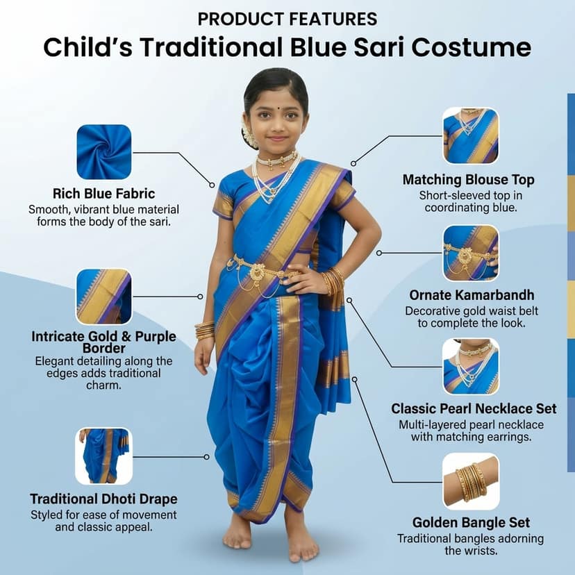 Mom and Me Peshwai Nauwari Saree for Kids (1–10 Years) Ready to Wear Maharashtrian Traditional Dress | Belgaon Silk with Cotton Lining | Stitched Blouse Included (Sky Blue, 15-16 Years) view 4