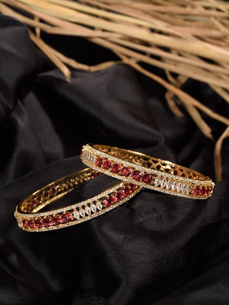 Set Of 2 Red Gold Plated Handmade Red &White AD Studded Bridal Kangan Bangles view 3