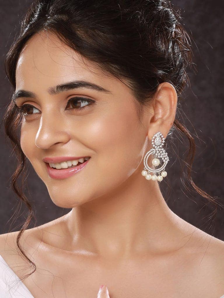 Silver Toned AD & Faux Pearl Studded Designer Chandelier Chandbali Dropdown Earrings view 2