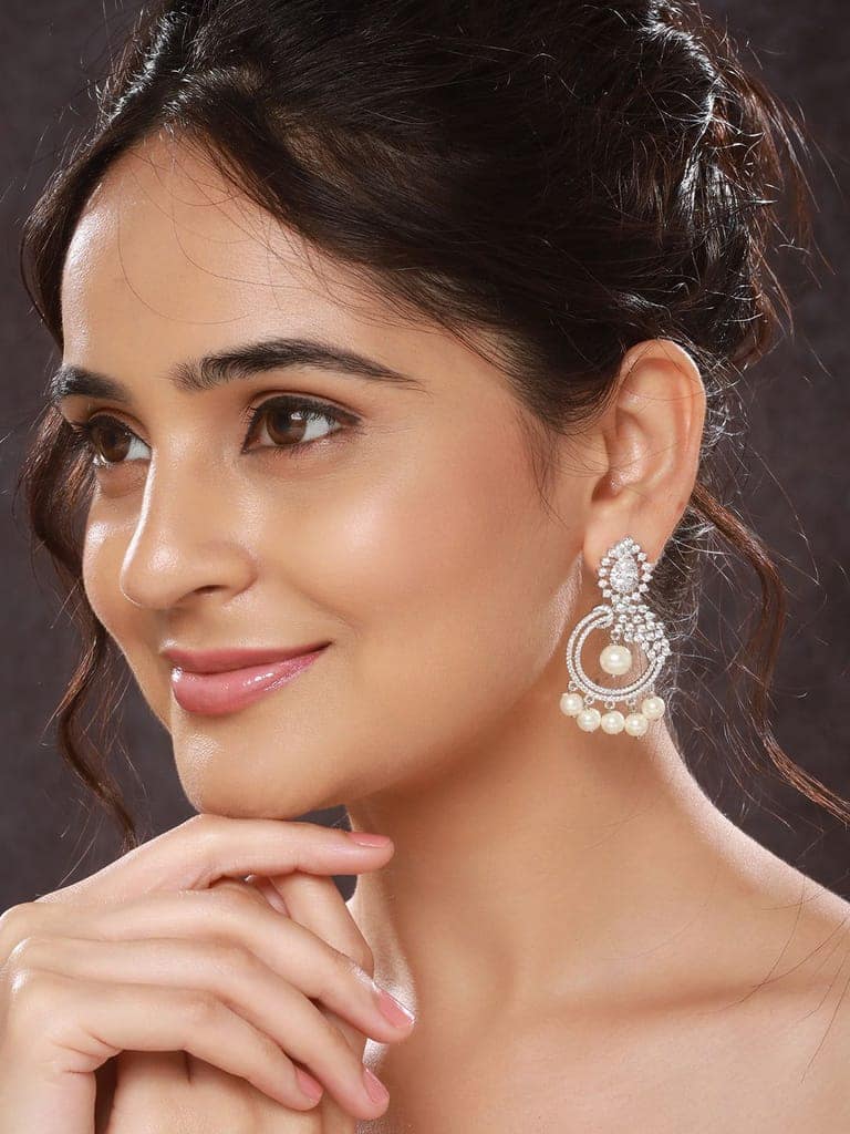 Silver Toned AD & Faux Pearl Studded Designer Chandelier Chandbali Dropdown Earrings view 3
