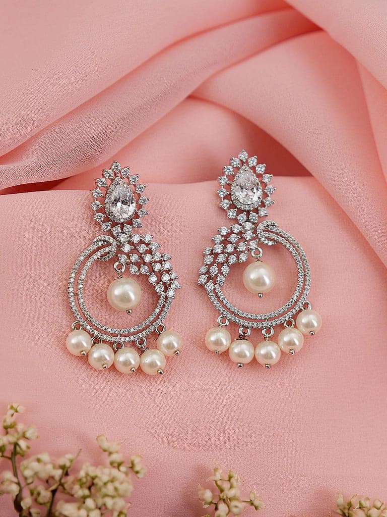 Silver Toned AD & Faux Pearl Studded Designer Chandelier Chandbali Dropdown Earrings view 4