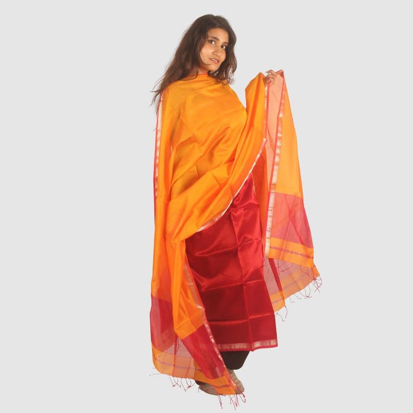 Bright Orange Maheshwari Silk Cotton Dress Material with Crimson Red Bottom and Silver Zari Border view 2