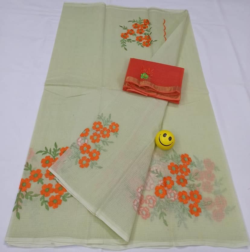 Kota Doria Pale Green Pure Cotton Embroidery Saree With Blouse Handcrafted-7650 view 2