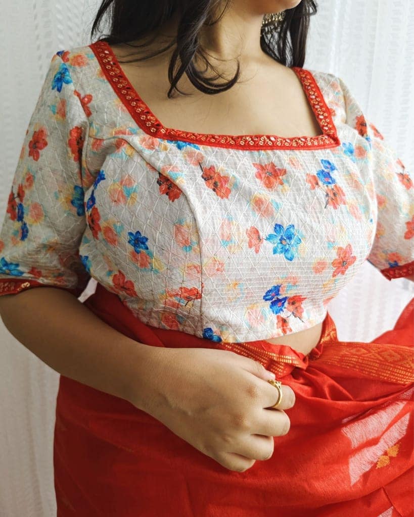 Crepe Silk Stitched Blouse White Color Floral Printed and Sequence Work with Lace-3908 view 3