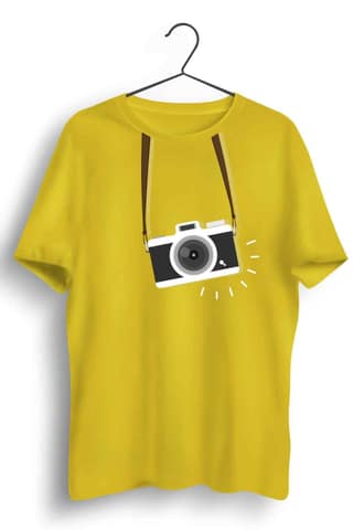 Camera Strap Graphic Printed Mens Round Neck Yellow Cotton Tshirt