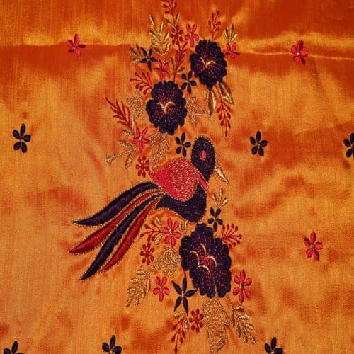 Golden Yellow Silk Saree with Bird Embroidery view 5