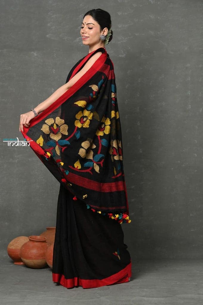Tyohaar ~High Quality Handloom Linen Jamdhani Saree~ Black view 3