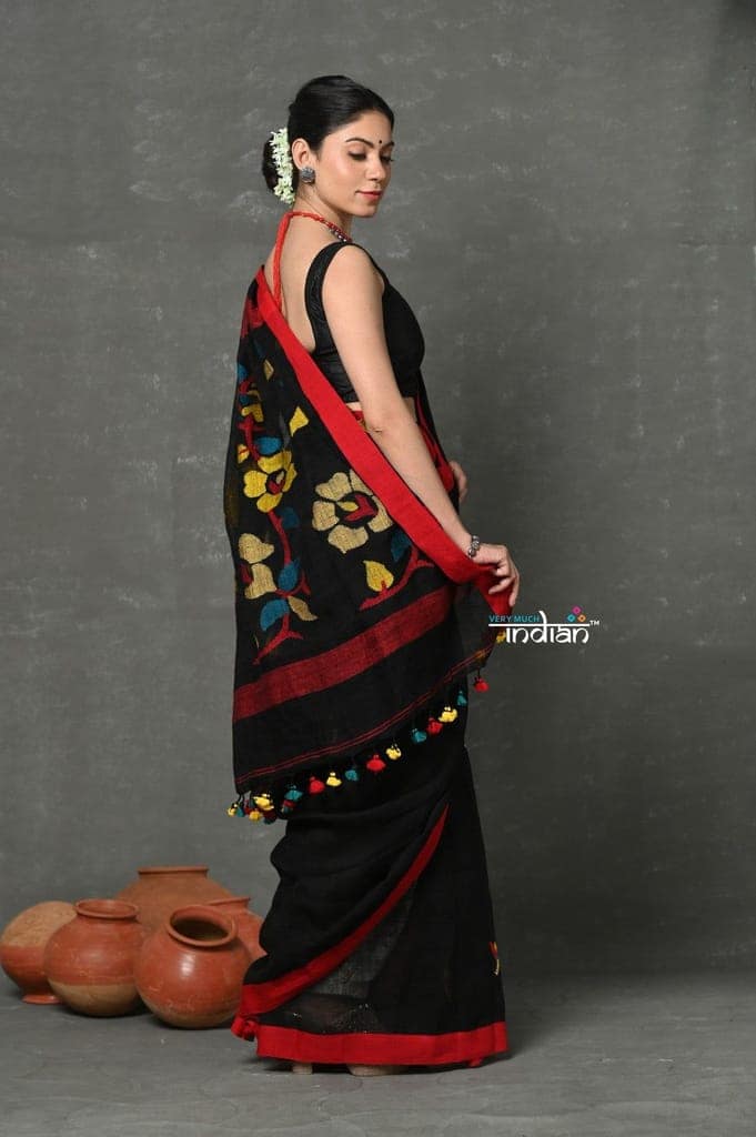 Tyohaar ~High Quality Handloom Linen Jamdhani Saree~ Black view 4