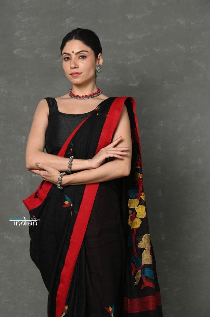 Tyohaar ~High Quality Handloom Linen Jamdhani Saree~ Black view 5
