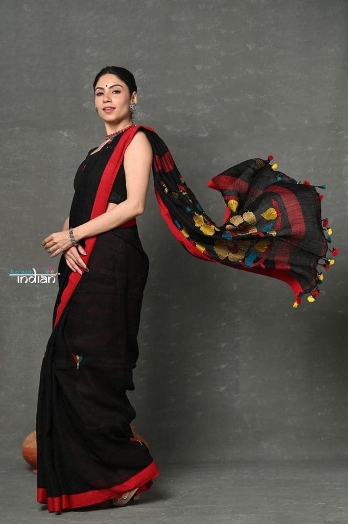 Tyohaar ~High Quality Handloom Linen Jamdhani Saree~ Black view 6
