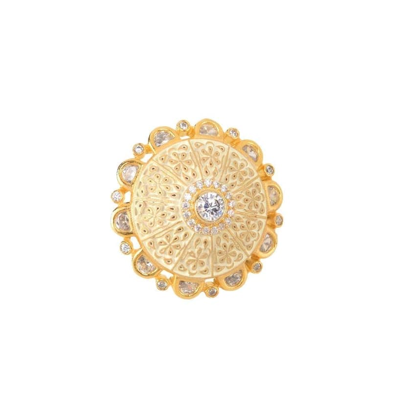 Gold plated Cream AD studded handcrafted adjustable Ring for Women & Girls view 3
