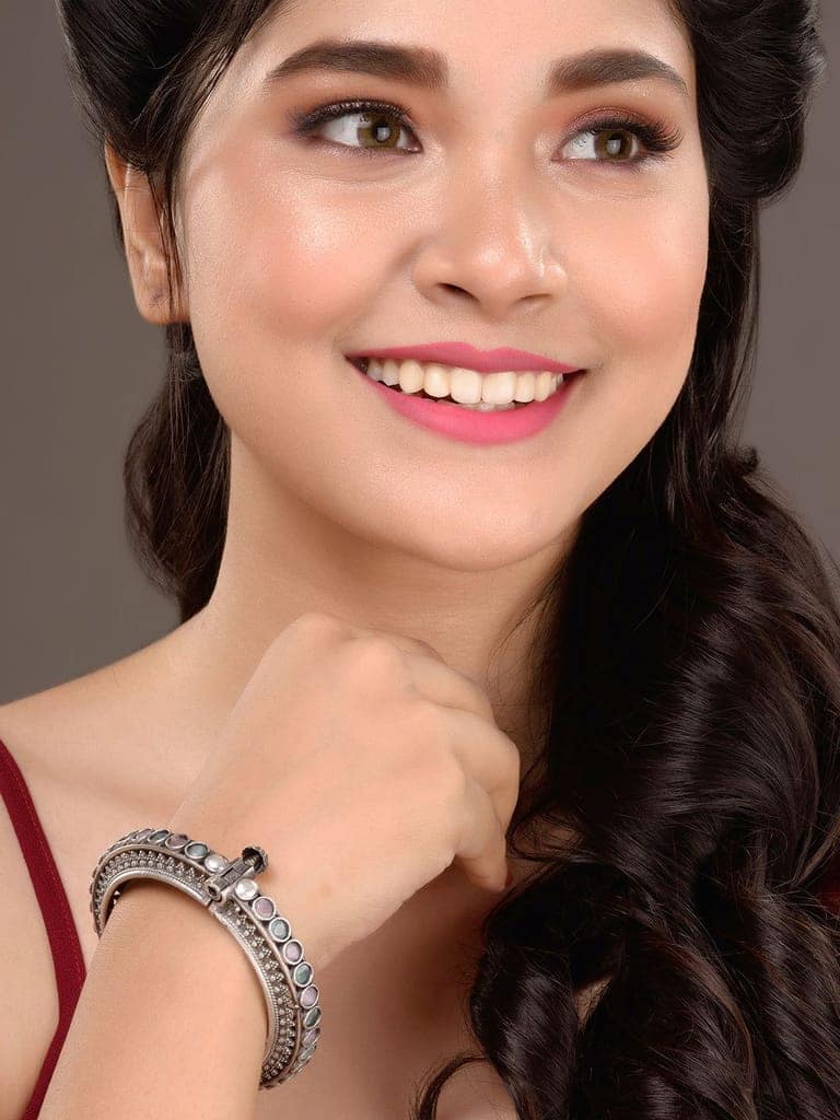 Oxidised Silver Toned Pink Mint Stone Studded Openable Kada Bracelet view 2