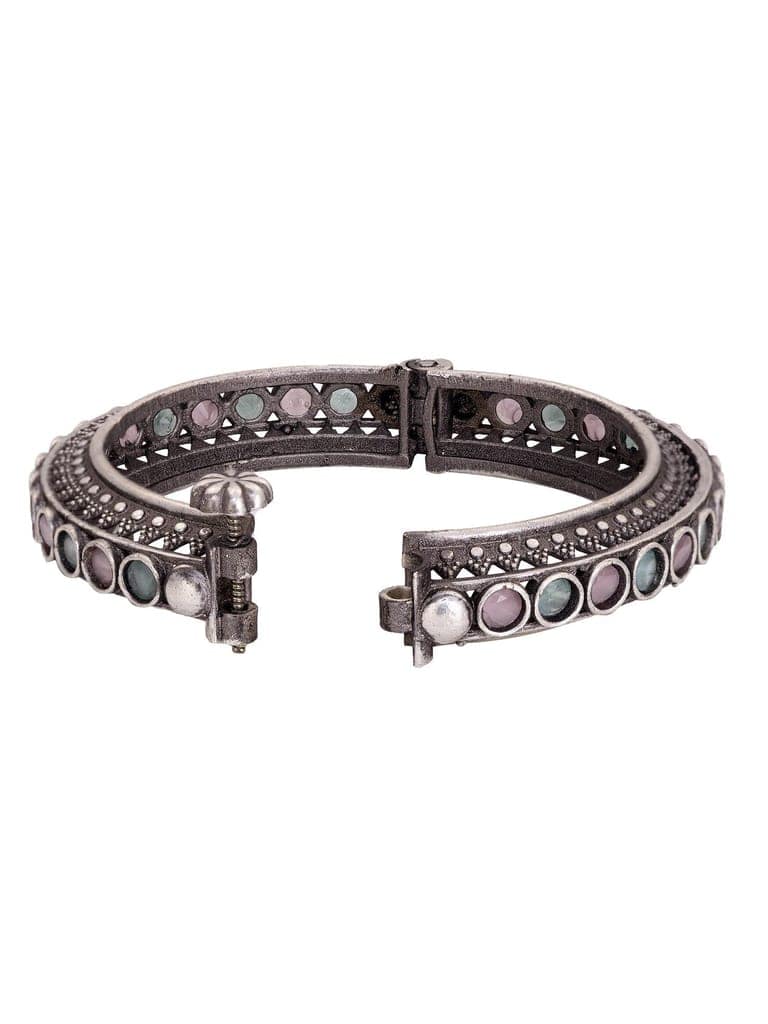 Oxidised Silver Toned Pink Mint Stone Studded Openable Kada Bracelet view 6